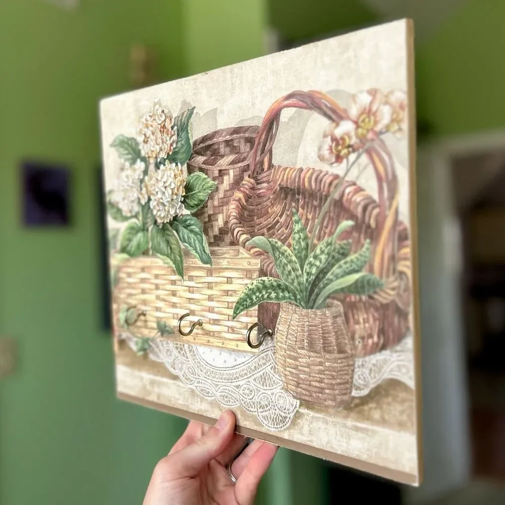 VTG Cottagecore Wicker Basket Cactus Floral Wall Hook Sign